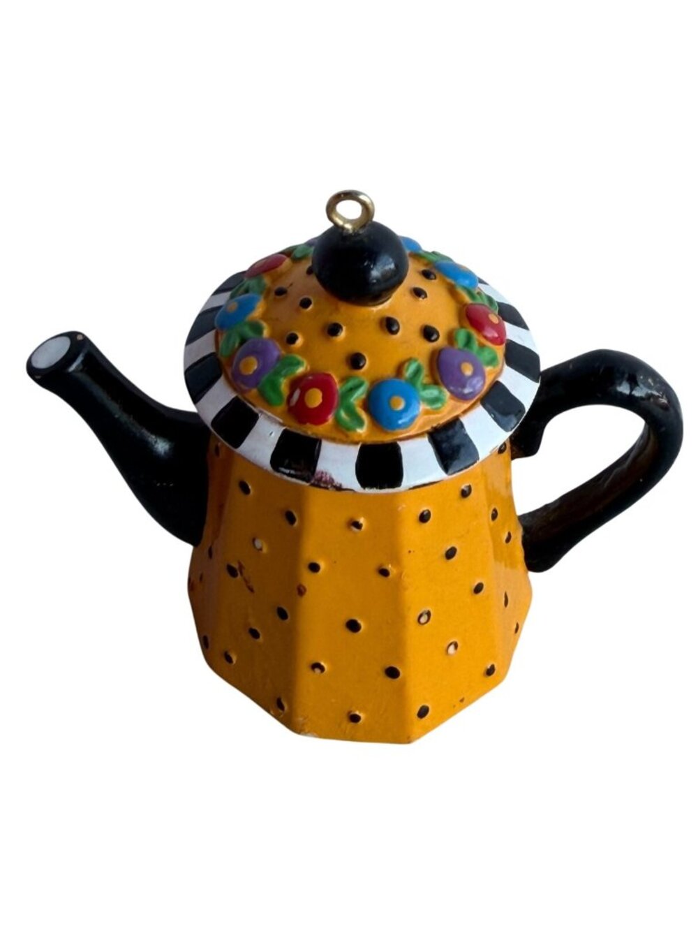 Mary Engelbreit Mini Teapot Ornament w/Black Dots & Colorful Floral Design-READ